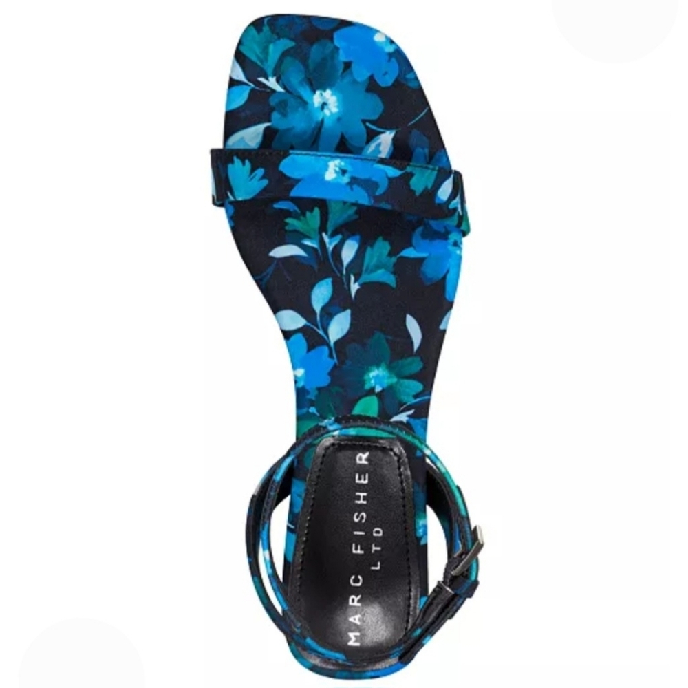 Marc Fisher Sandals 9 Royal Blue Floral Alona Kitten Heel Square Toe New $130